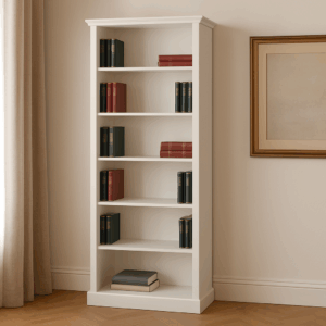 libreria classica legno massello, libreria artigianale bianca, libreria 210x80 con ripiani regolabili, mobile libreria su misura, libreria alta in legno, libreria per soggiorno elegante, libreria per studio in legno, classic wooden bookshelf, tall white bookshelf 210 cm, handmade wooden bookcase