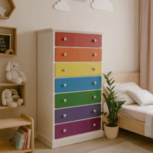 cassettiera colorata in legno massello per bambini