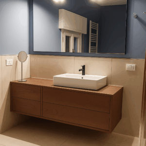 mobile bagno sospeso, mobile bagno legno massello, mobile bagno moderno cassetti, mobile bagno L 160 cm, mobile bagno 160, mobile bagno legno sospeso, falegnameria su misura