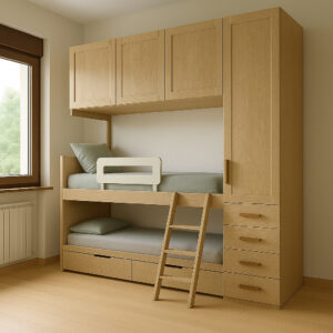 camera salvaspazio, cameretta a ponte, letto a castello legno, cameretta con armadio, mobili su misura bambini, letto a castello moderno, cameretta con contenitori, scala letto a castello, cameretta in legno chiaro, cameretta compatta, arredamento cameretta bambini, mobili funzionali, design minimal cameretta, struttura letto a castello, mobili artigianali bambini, space-saving bedroom, bunk bed in wood, kids room furniture, custom bedroom for kids, compact kids room, wooden bunk bed, integrated storage bed, ladder bunk bed, modern bunk bed design, light wood furniture, kids room with wardrobe, functional kids furniture, minimalist kids room, custom made bunk bed, artisan kids furniture