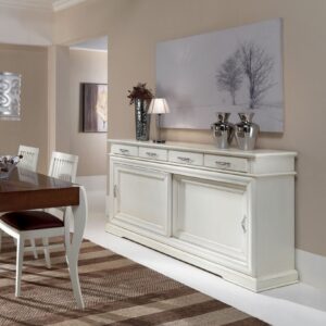credenza classica bianca con ante scorrevoli, credenza design classico alta qualità, credenza bianca in legno massello con ante scorrevoli, credenza classica bianca massello