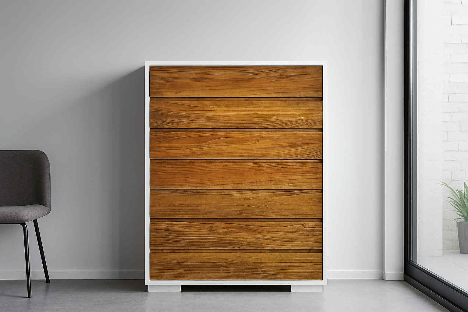 cassettiera bianca e rovere, cassettiera rovere massello moderno, cassettiera artigianale, cassettiera design, cassettiera legno massello moderna con gole