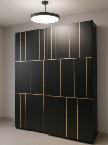 armadio moderno, armadio nero e oro, armadio con ante geometriche, armadio di design, armadio elegante, mobile contenitore, arredo ingresso moderno, armadio salvaspazio, armadio alto su misura, mobili artigianali, arredamento contemporaneo, armadio a parete, armadio laccato nero, finiture dorate, mobile ingresso, modern wardrobe, black and gold wardrobe, geometric door wardrobe, designer wardrobe, elegant storage unit, modern hallway furniture, space-saving cabinet, tall custom wardrobe, artisanal furniture, contemporary interior design, wall-mounted wardrobe, black lacquered wardrobe, gold details furniture, entrance cabinet catalog