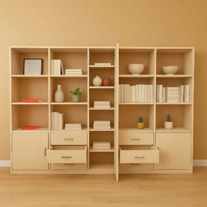 libreria moderna in legno, libreria con cassetti e ante, mobile libreria 300 cm, libreria legno chiaro, libreria con ferramenta Blum, libreria smontata in kit, libreria artigianale moderna, libreria per soggiorno elegante, mobile libreria su misura, libreria con ripiani a giorno, lib 