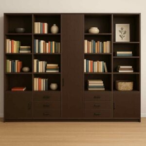 libreria moderna in legno, libreria con cassetti e ante, mobile libreria 300 cm, libreria legno chiaro, libreria con ferramenta Blum, libreria smontata in kit, libreria artigianale moderna, libreria per soggiorno elegante, mobile libreria su misura, libreria con ripiani a giorno, libreria legno per studio, parete libreria moderna, mobili in legno chiaro, arredamento soggiorno moderno 