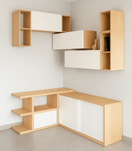 parete attrezzata angolare in legno massello, parete attrezzata design in legno, parete attrezzata legno frassino massello