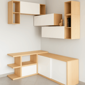 parete attrezzata angolare in legno massello, parete attrezzata design in legno, parete attrezzata legno frassino massello