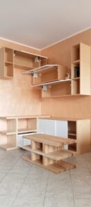 parete soggiorno ad angolo moderno in legno, parete attrezzata ad angolo in legno massello