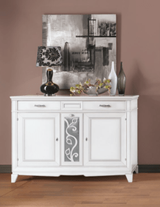 credenzina bianca elegante in legno, credenza con portabottiglie, credenza porta liquori, credenza classica bianca, credenza con piedini classica, credenza bianca in legno