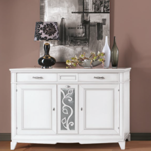 credenzina bianca elegante in legno, credenza con portabottiglie, credenza porta liquori, credenza classica bianca, credenza con piedini classica, credenza bianca in legno