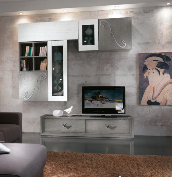 parete attrezzata massello, parete attrezzata elegante, parete attrezzata componibile, parete soggiorno bianco e grigio in legno