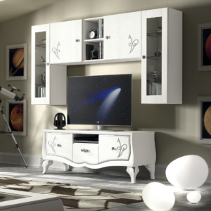 parete attrezzata barocco moderno bianco, parete soggiorno stile barocco moderno bianco, parete attrezzata soggiorno bianco