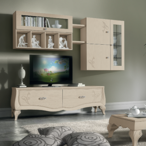 parete attrezzata barocco moderno beige, parete soggiorno barocco beige in legno, parete attrezzata classica, parete soggiorno elegante in legno massello