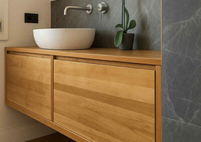 arredo bagno moderno in legno, mobili bagno in legno massiccio, arredo bagno moderno
