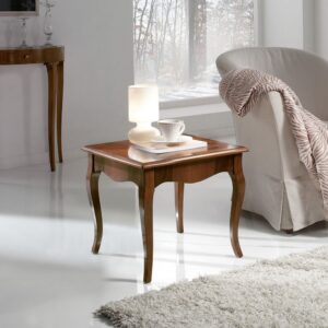 tavolino noce in legno, tavolino intarsiato, tavolino quadrato intarsiato, tavolino gambe stile 700, tavolino classico noce, tavolino sagomato noce, tavolino classico