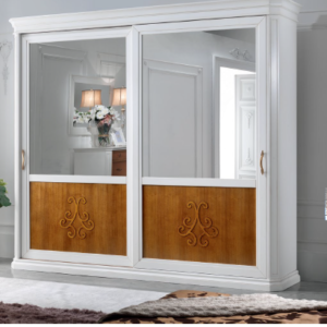 4517 - armadio classico bianco e miele, armadio classico con due ante scorrevoli, armadio classico con specchi, armadio classico bianco in legno