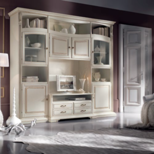 parete attrezzata in legno massello, parete attrezzata classica avorio, parete soggiorno bianco, parete attrezzata classica elegante, parete attrezzata classica di alta qualita