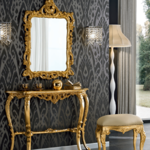 B3- Ingresso barocco con consolle, specchiera e pouff, ingresso barocco foglia oro, ingresso barocco con pouff, ingresso barocco foglia oro, ingresso barocco foglia oro L 115 cm