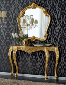 Ingresso regale, ingresso barocco consolle e specchiera barocco, ingresso barocco oro, consolle e specchiera barocco oro, consolle e specchiera design barocco foglia oro