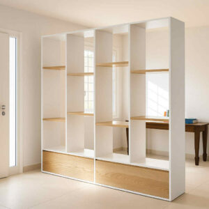 libreria bifacciale bianco e legno, libreria bifacciale design, libreria bifacciale legno massello, libreria bifacciale moderna, libreria design moderno bifacciale, libreria moderna in legno massello, libreria bifacciale, libreria bifacciale L 230 cm, libreria moderna bifacciale in legno