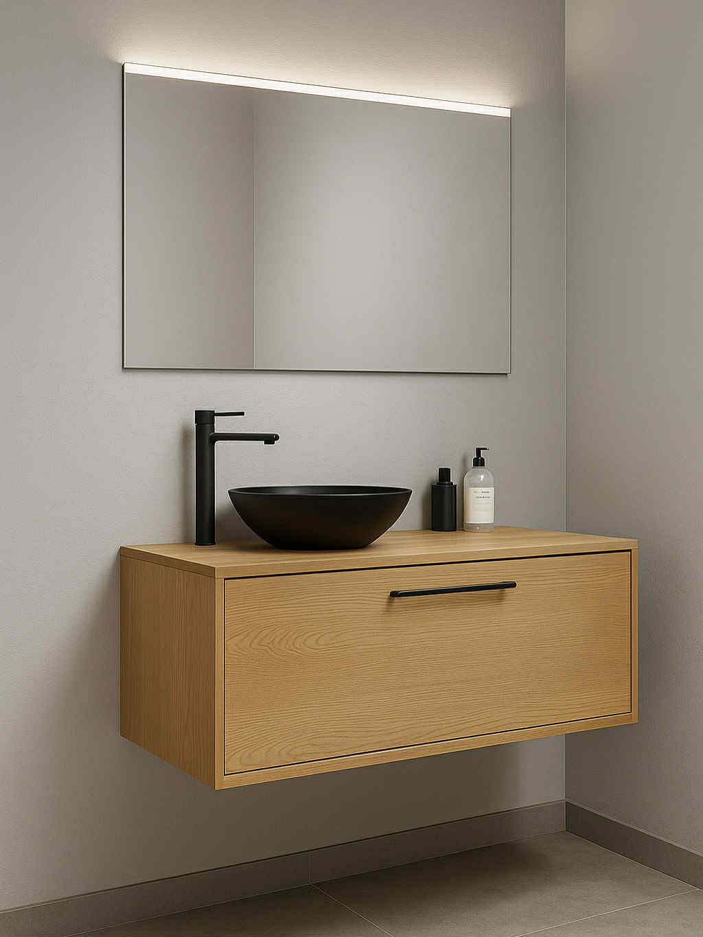 arredo bagno legno massello, arredo bagno design moderno, mobile bagno artigianale in legno con un cassetto, mobile bagno di qualità L 130 cm