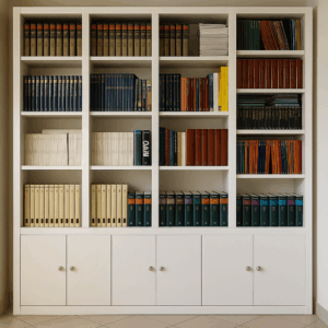 libreria in legno bianco, libreria artigianale su misura, mobile libreria per studio, libreria elegante in legno massello, libreria con ante e ripiani in legno