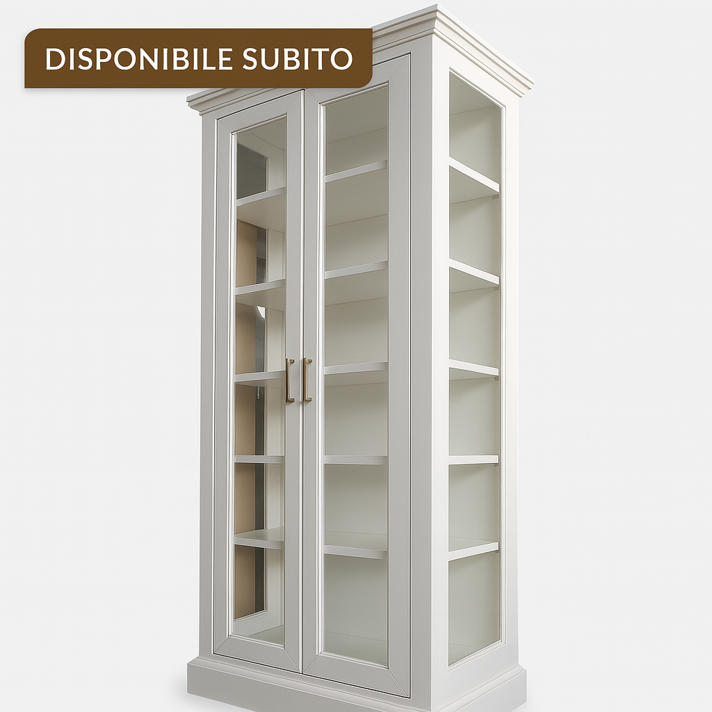 vetrina classica bianca, vetrina in legno massello, mobile vetrina disponibile subito, mobile artigianale in legno, vetrina a due ante, mobile espositore in legno, vetrina su misura, mobile grezzo in legno, vetrina con vetri trasparenti, arredo soggiorno classico