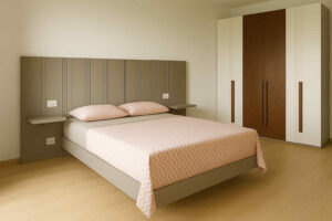camera da letto moderna in legno, camera da letto artigianale, camera da letto completa su misura, letto con boiserie e comodini sospesi, armadio in legno bicolore, mobili camera da letto artigianali, arredamento camera elegante, letto matrimoniale in legno massello, armadio moderno camera da letto, composizione camera Abelia, modern wooden bedroom, handcrafted bedroom furniture, custom bedroom set, bed with wall panel and floating nightstands, two-tone wooden wardrobe, modern wood bed and wardrobe, elegant bedroom design, solid wood bed and closet, bespoke Italian bedroom, Abelia bedroom composition