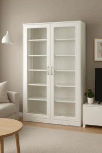 vetrina design, vetrina L 150 cm, vetrina legno massello, libreria design, libreria con ante vetrate, libreria L 150 cm con ante